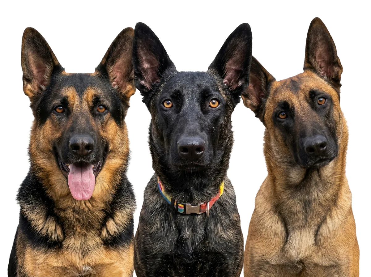 Three rescue dogs with playful, calm, and curious expressions